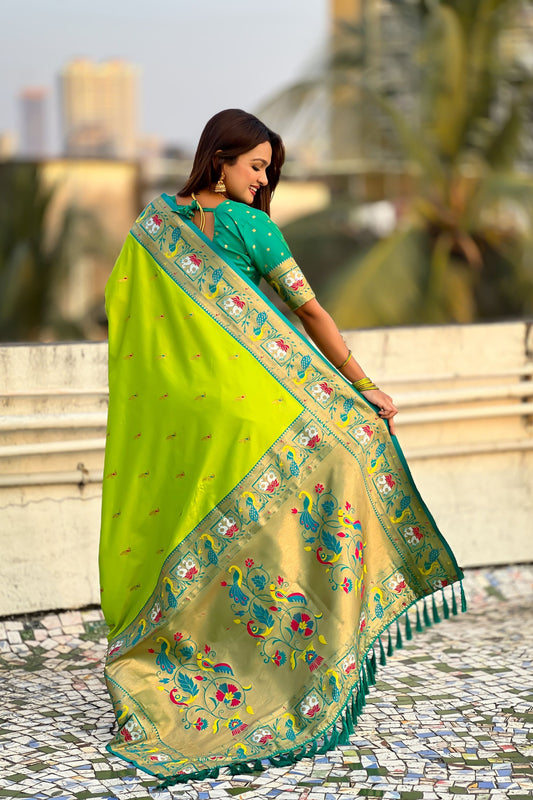 Lime Green Paithani Silk Saree Peacock Floral Woven Border