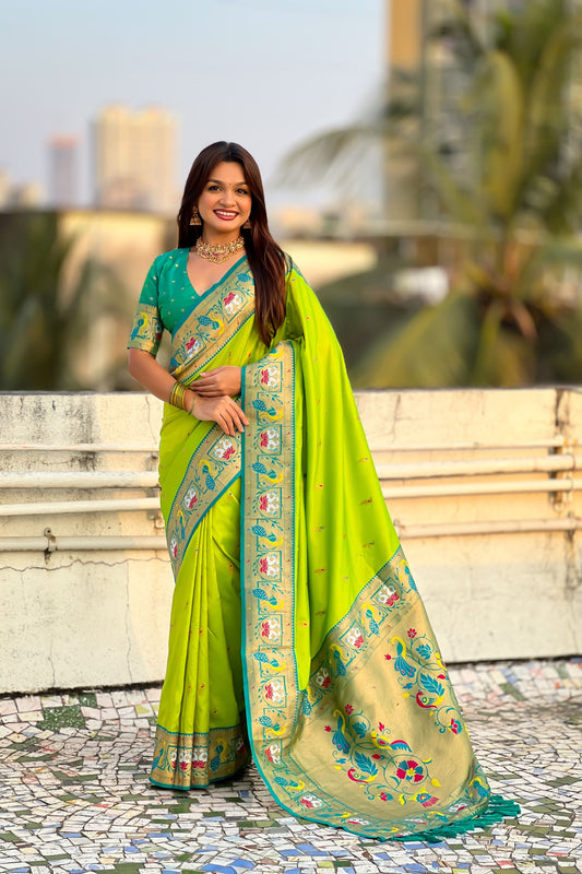 Lime Green Paithani Silk Saree Peacock Floral Woven Border