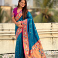 Teal Blue Paithani Silk Saree Pink Blouse Peacock Zari Border