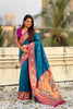 Teal Blue Paithani Silk Saree Pink Blouse Peacock Zari Border