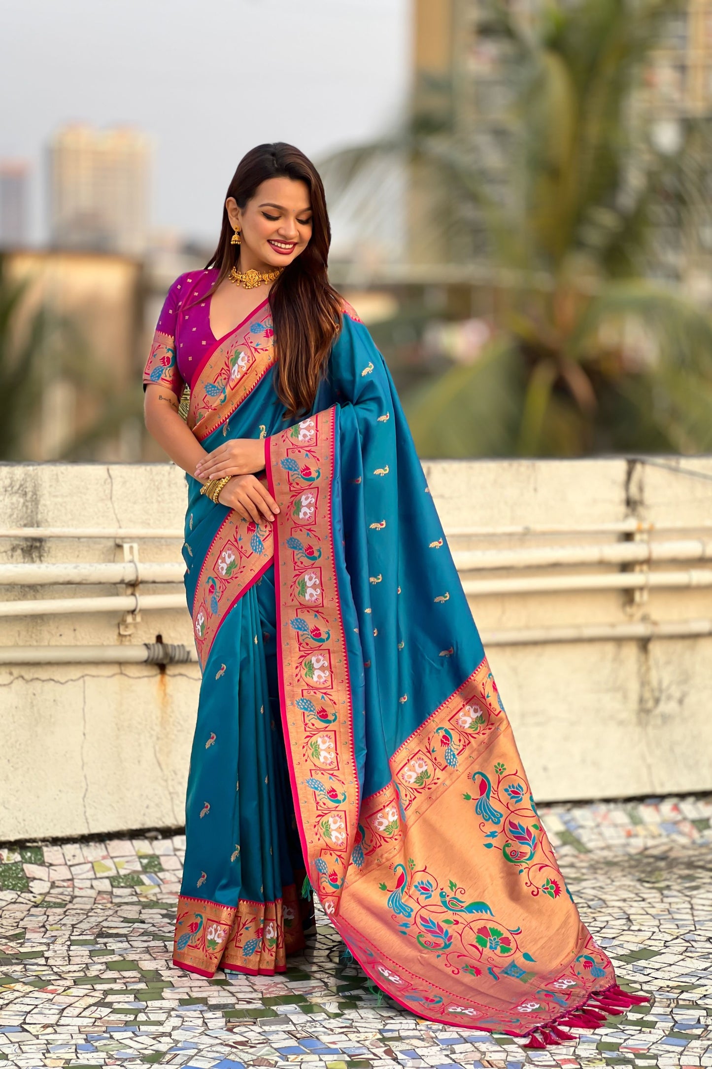Teal Blue Paithani Silk Saree Pink Blouse Peacock Zari Border