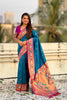 Teal Blue Paithani Silk Saree Pink Blouse Peacock Zari Border