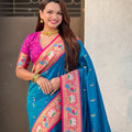 Teal Blue Paithani Silk Saree Pink Blouse Peacock Zari Border