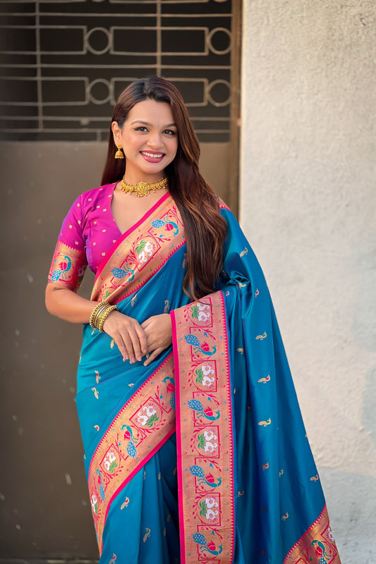 Teal Blue Paithani Silk Saree Pink Blouse Peacock Zari Border