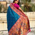 Teal Blue Paithani Silk Saree Pink Blouse Peacock Zari Border