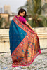 Teal Blue Paithani Silk Saree Pink Blouse Peacock Zari Border