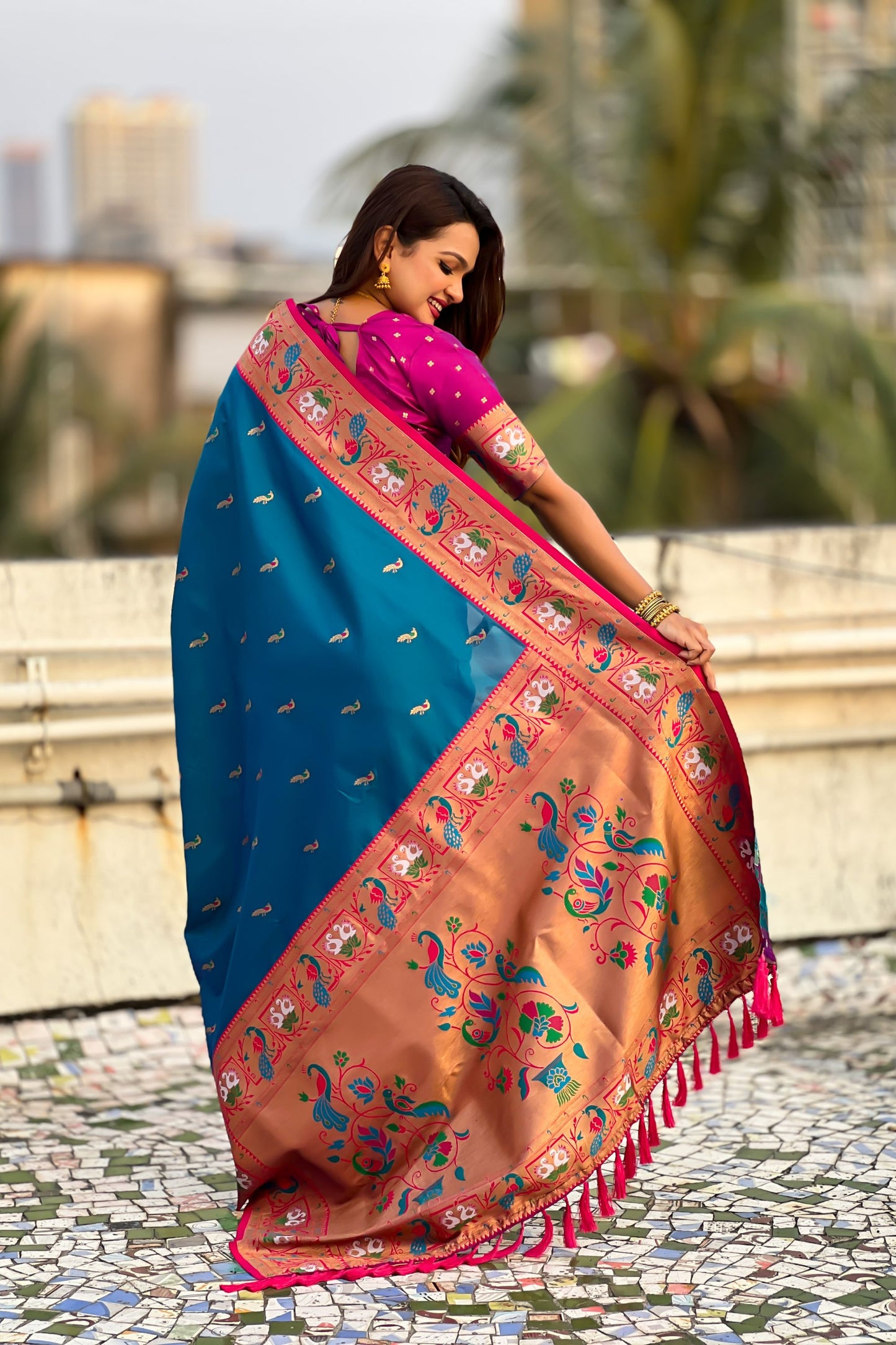 Teal Blue Paithani Silk Saree Pink Blouse Peacock Zari Border