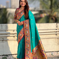 Turquoise Green Paithani Silk Saree Golden Peacock Zari Pallu Pink Border