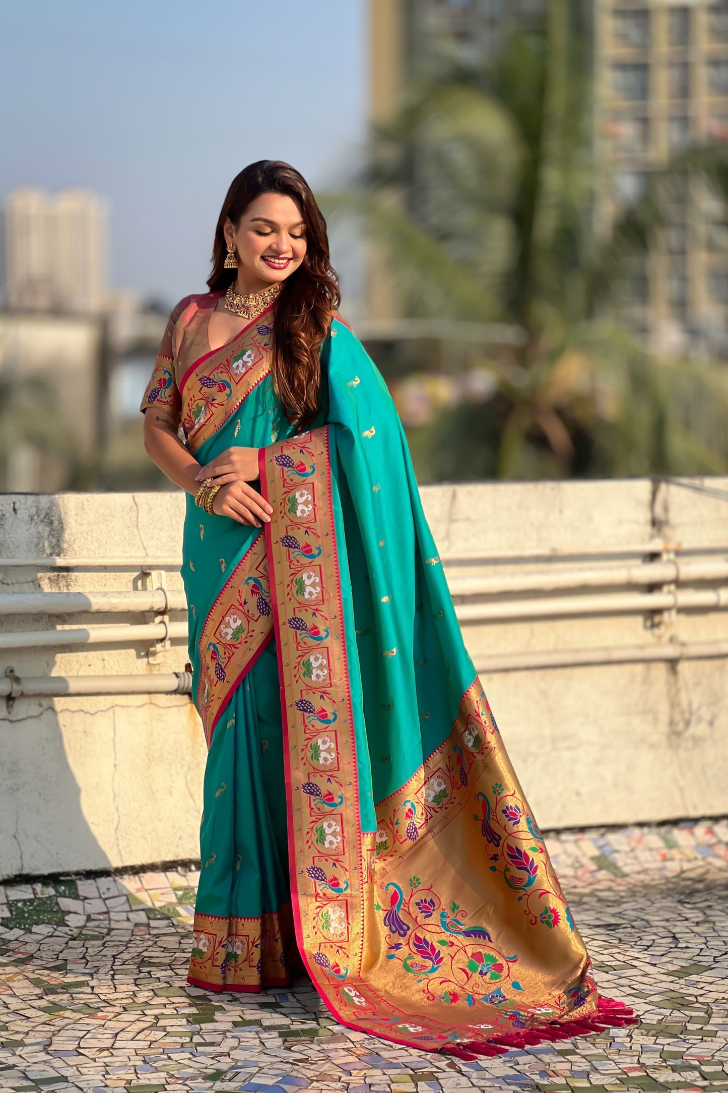 Turquoise Green Paithani Silk Saree Golden Peacock Zari Pallu Pink Border