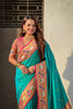 Turquoise Green Paithani Silk Saree Golden Peacock Zari Pallu Pink Border