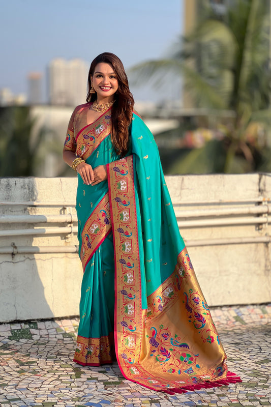 Turquoise Green Paithani Silk Saree Golden Peacock Zari Pallu Pink Border