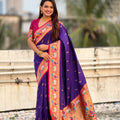 Royal Purple Paithani Silk Saree Pink Blouse Golden Peacock Zari Pallu
