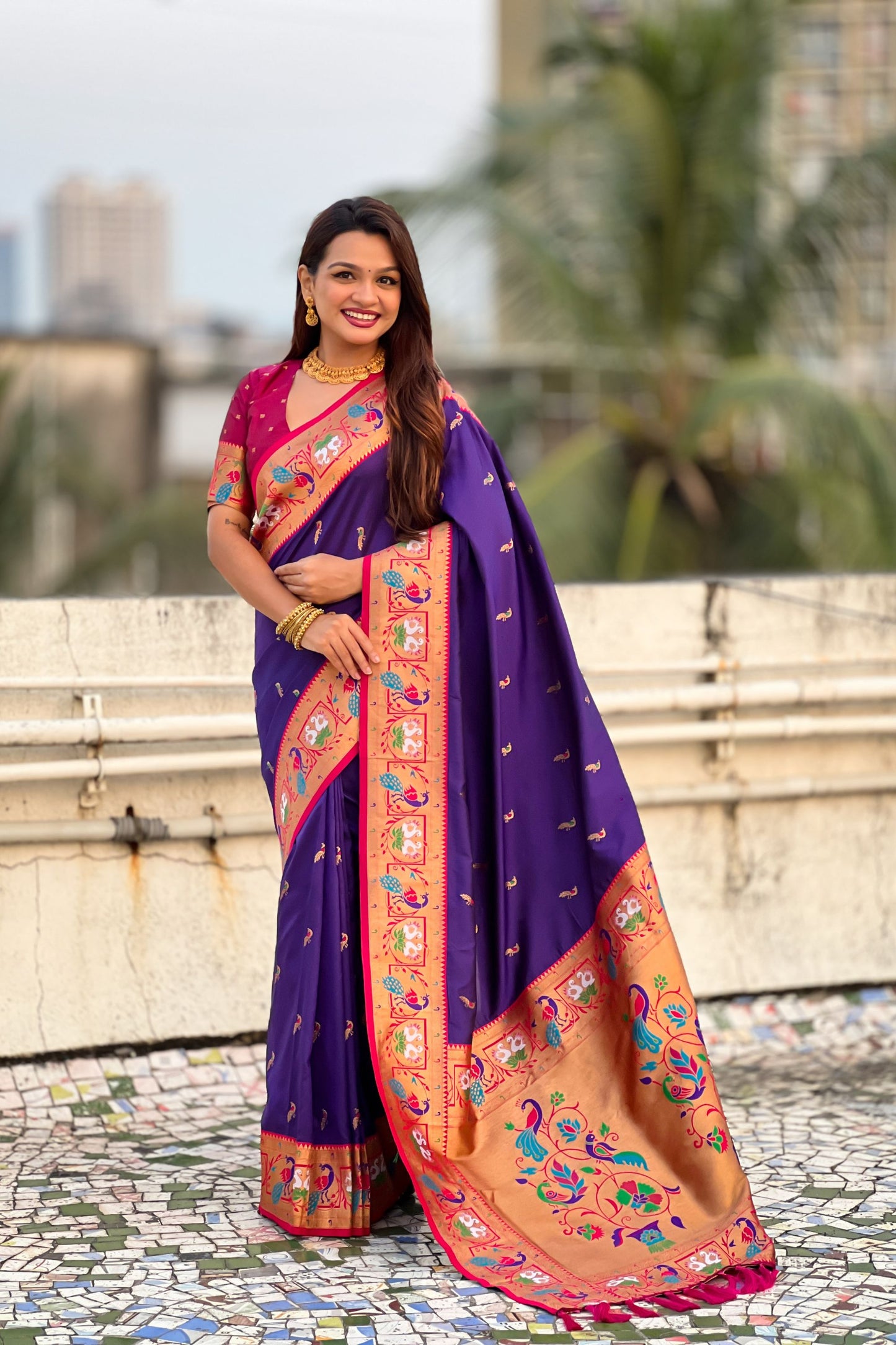 Royal Purple Paithani Silk Saree Pink Blouse Golden Peacock Zari Pallu