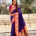 Royal Purple Paithani Silk Saree Pink Blouse Golden Peacock Zari Pallu