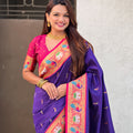 Royal Purple Paithani Silk Saree Pink Blouse Golden Peacock Zari Pallu