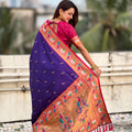 Royal Purple Paithani Silk Saree Pink Blouse Golden Peacock Zari Pallu