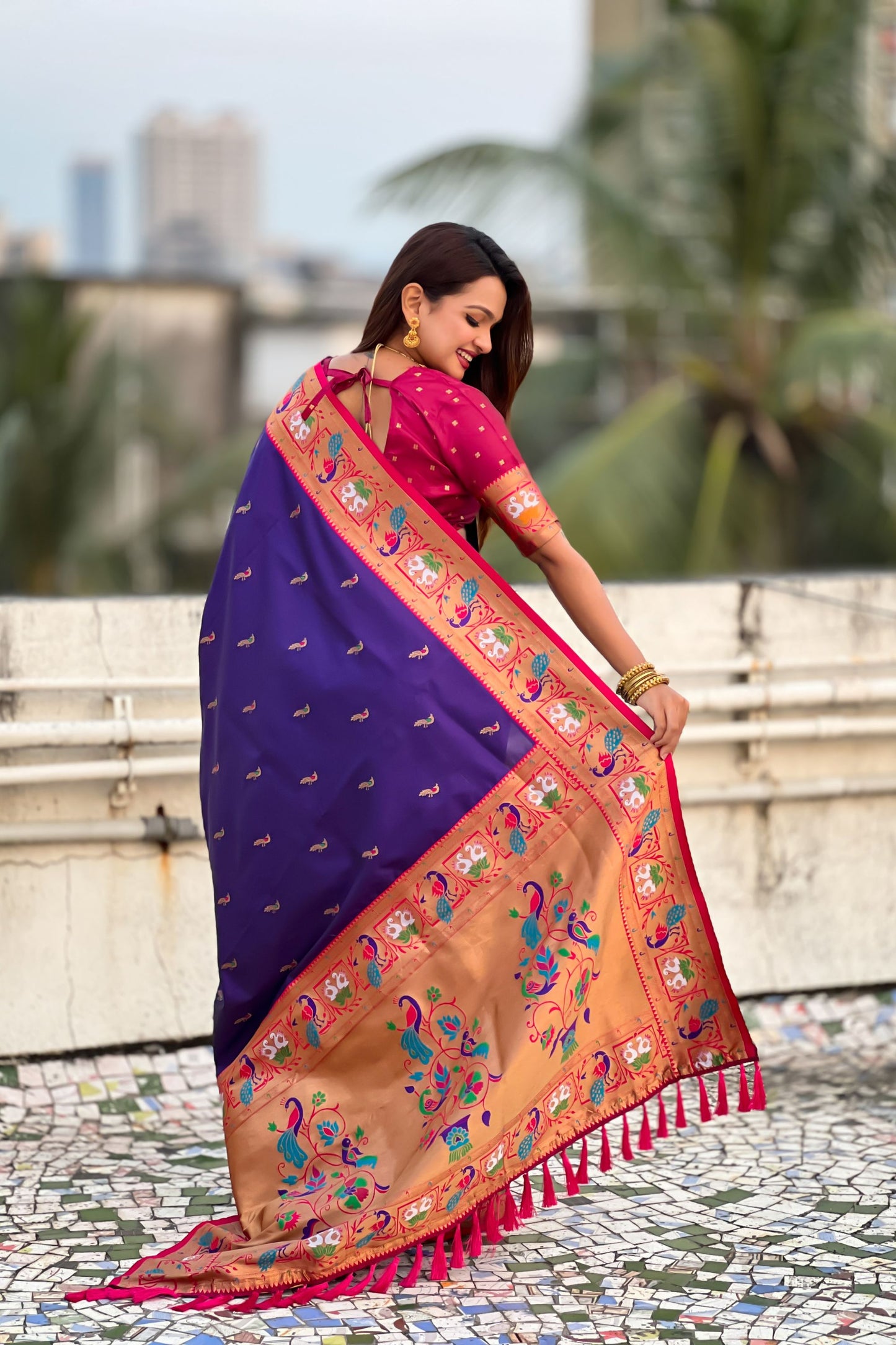Royal Purple Paithani Silk Saree Pink Blouse Golden Peacock Zari Pallu