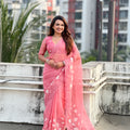 Peach Pink Organza Saree Floral Embroidery Lace Border