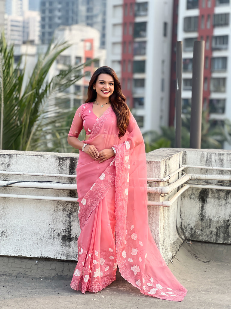 Peach Pink Organza Saree Floral Embroidery Lace Border