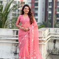 Peach Pink Organza Saree with Floral Embroidery Border
