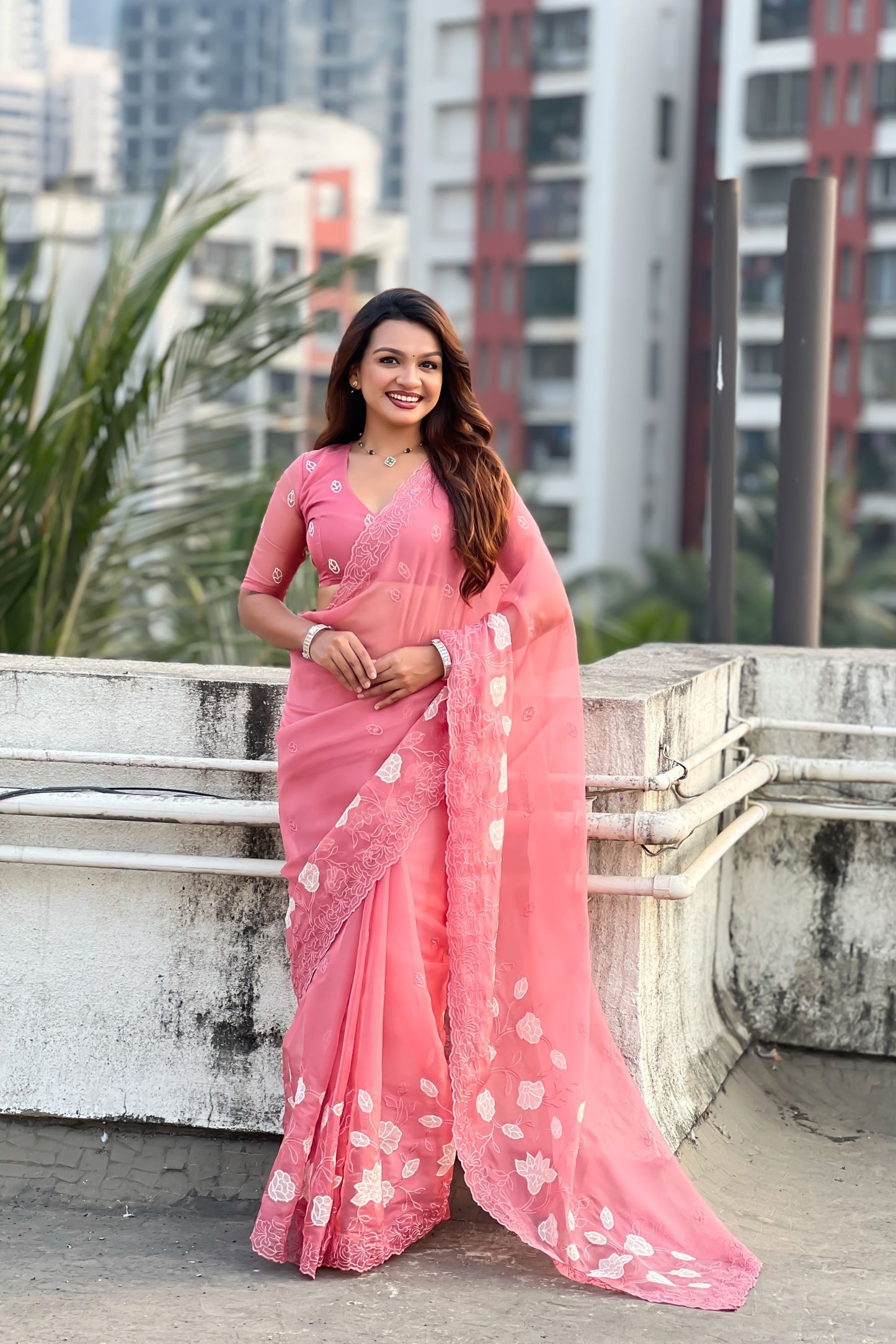 Peach Pink Organza Saree with Floral Embroidery Border