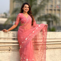 Peach Pink Organza Saree with Floral Embroidery Border