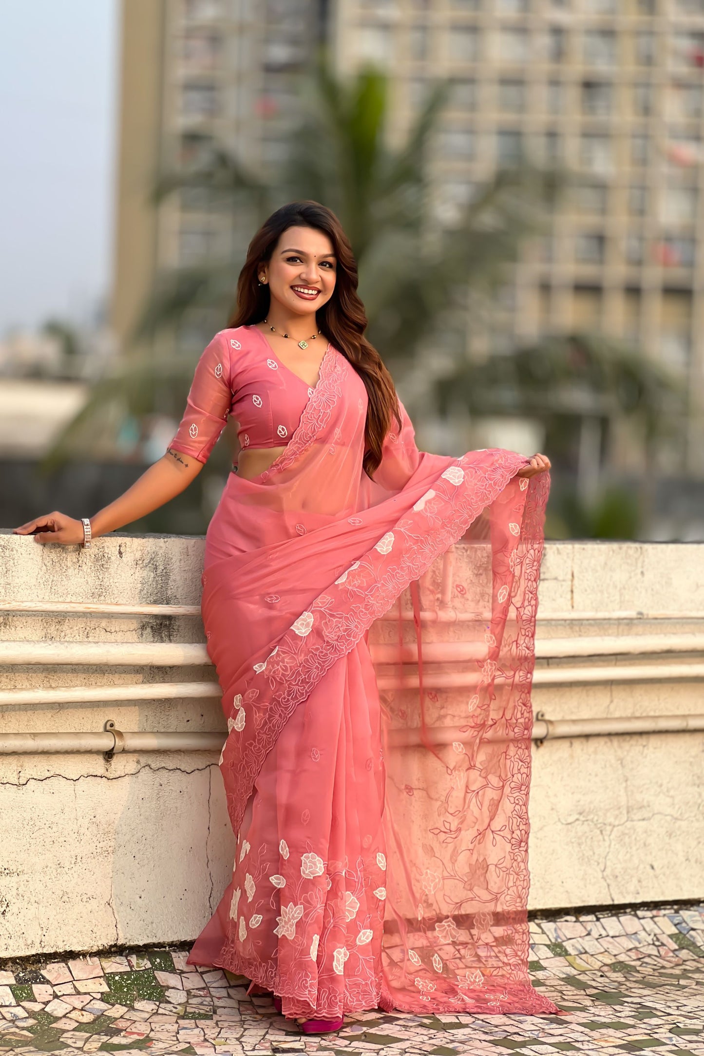 Peach Pink Organza Saree with Floral Embroidery Border