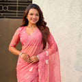 Peach Pink Organza Saree with Floral Embroidery Border