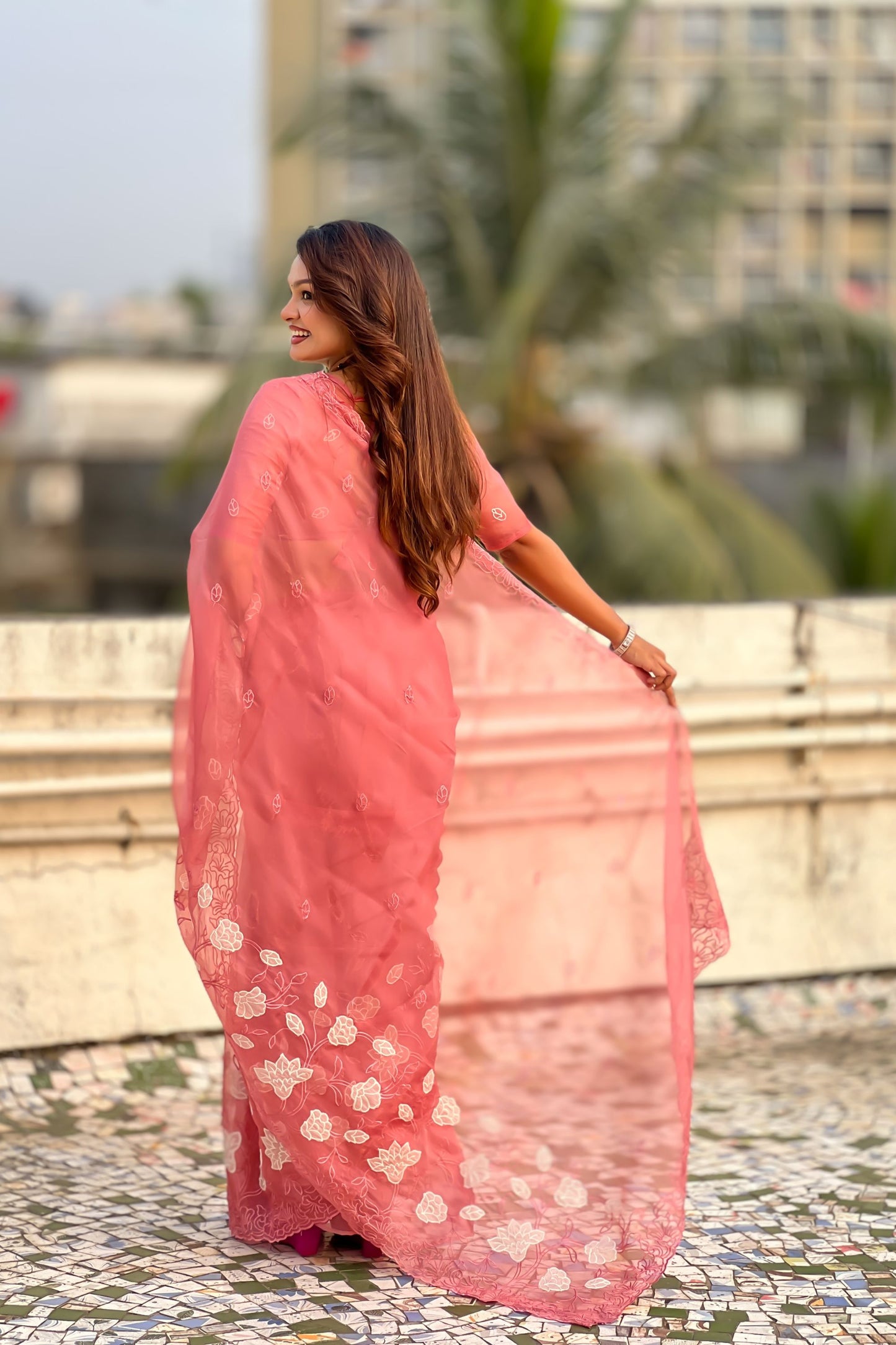 Peach Pink Organza Saree with Floral Embroidery Border