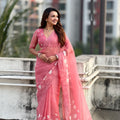 Peach Pink Organza Saree with Floral Embroidery Border 