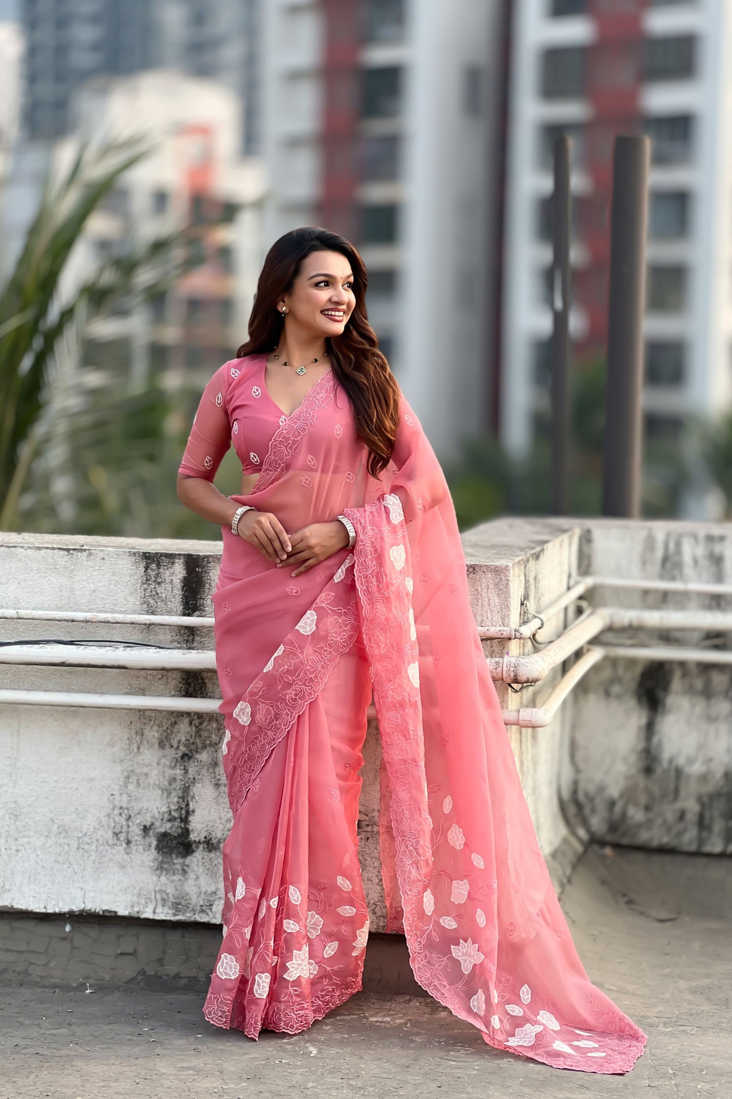 Peach Pink Organza Saree with Floral Embroidery Border 