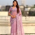 Lavender Organza Saree Floral Embroidery Border Party Wear Saree