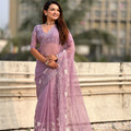  Lavender Organza Saree Floral Embroidery Border Party Wear Saree 