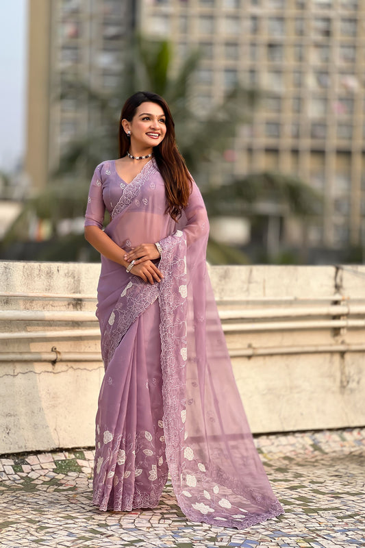  Lavender Organza Saree Floral Embroidery Border Party Wear Saree 