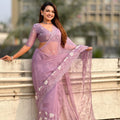 Lavender Organza Saree Floral Embroidery Border Party Wear Saree