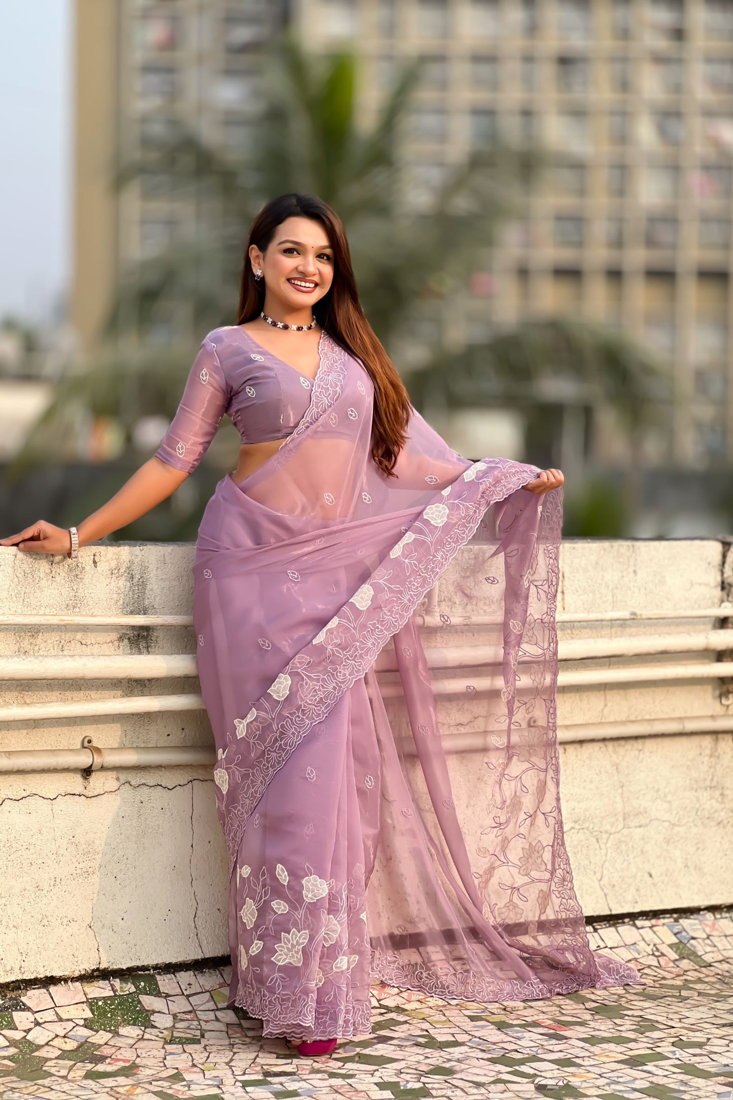 Lavender Organza Saree Floral Embroidery Border Party Wear Saree