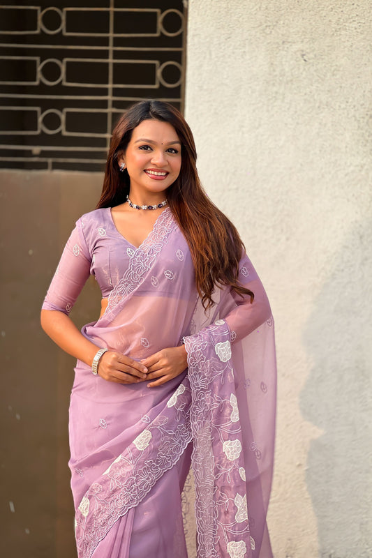 Lavender Organza Saree Floral Embroidery Border Party Wear Saree