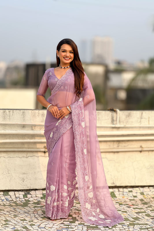 Lavender Organza Saree Floral Embroidery Border Party Wear Saree