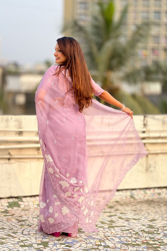 Lavender Organza Saree Floral Embroidery Border Party Wear Saree