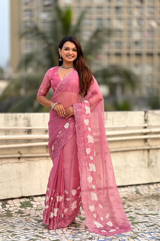 Pink Organza Saree Floral Embroidery Border Designer Party Wear Saree
