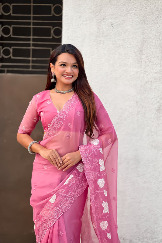 Pink Organza Saree Floral Embroidery Border Designer Party Wear Saree