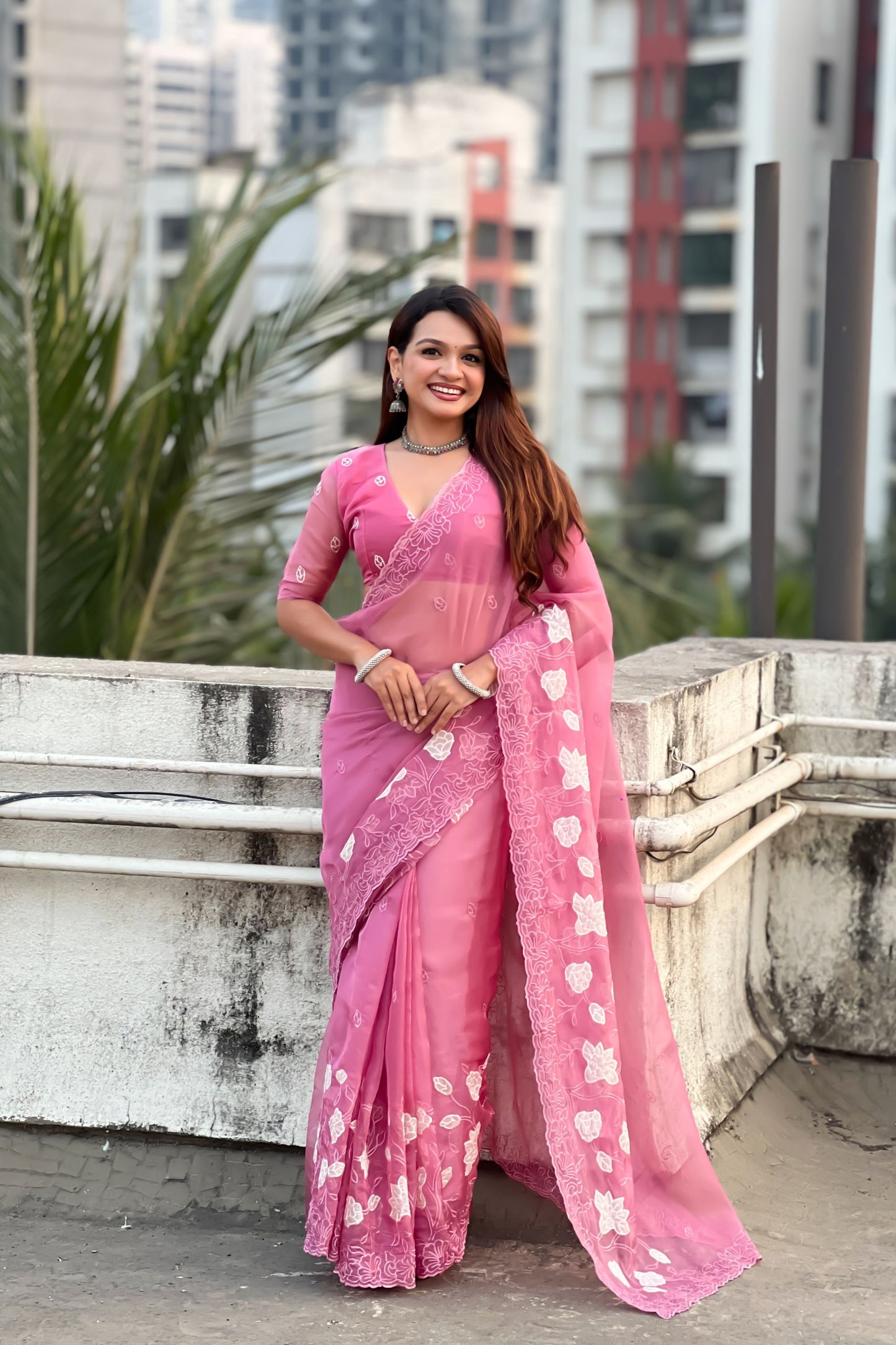 Pink Organza Saree Floral Embroidery Border Designer Party Wear Saree