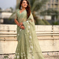Olive Green Organza Saree Floral Embroidery Border Party Wear Saree