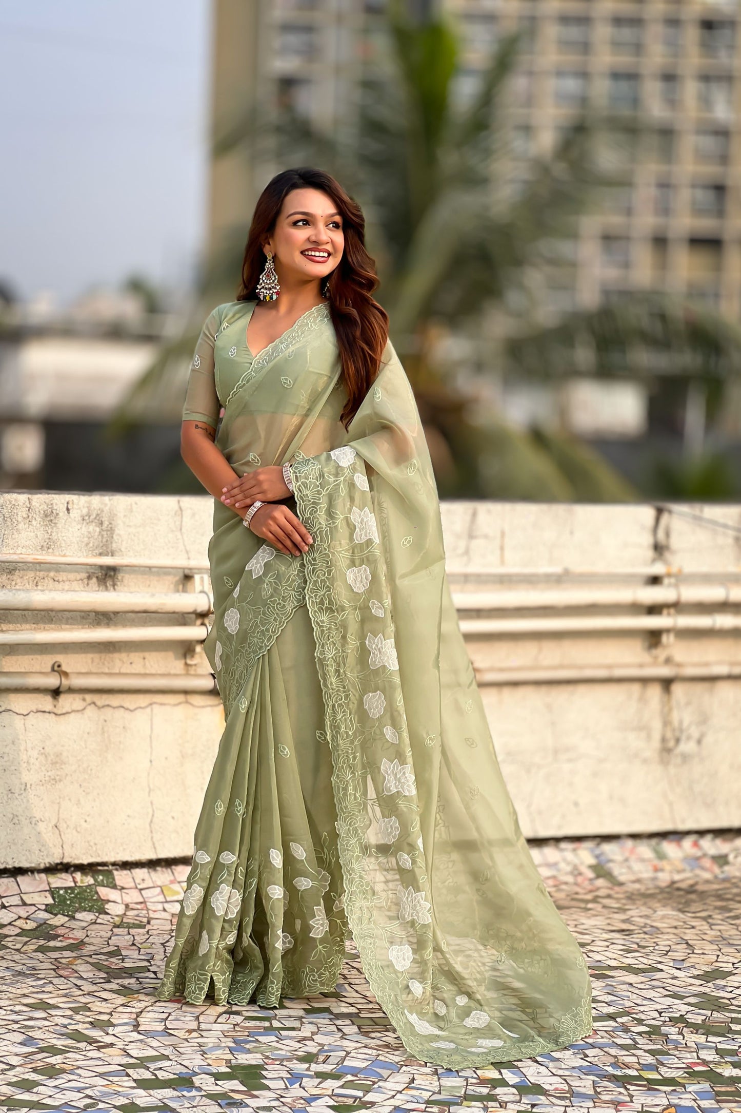 Olive Green Organza Saree Floral Embroidery Border Party Wear Saree