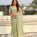 Olive Green Organza Saree Floral Embroidery Border Party Wear Saree 