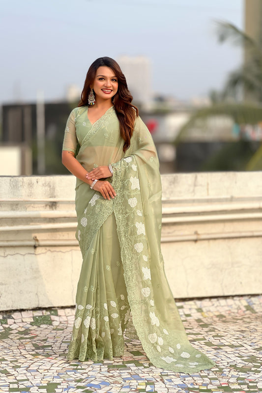 Olive Green Organza Saree Floral Embroidery Border Party Wear Saree 