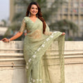 Olive Green Organza Saree Floral Embroidery Border Party Wear Saree