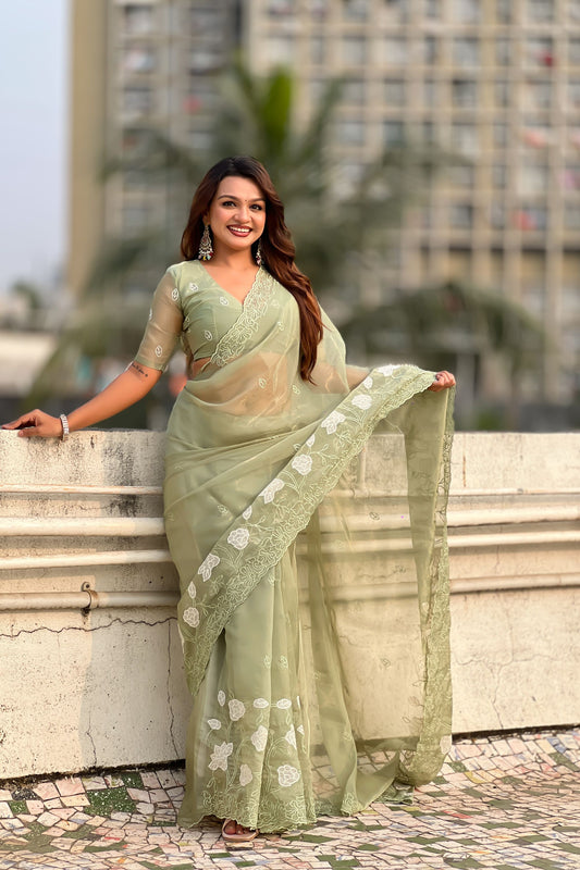 Olive Green Organza Saree Floral Embroidery Border Party Wear Saree