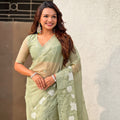 Olive Green Organza Saree Floral Embroidery Border Party Wear Saree