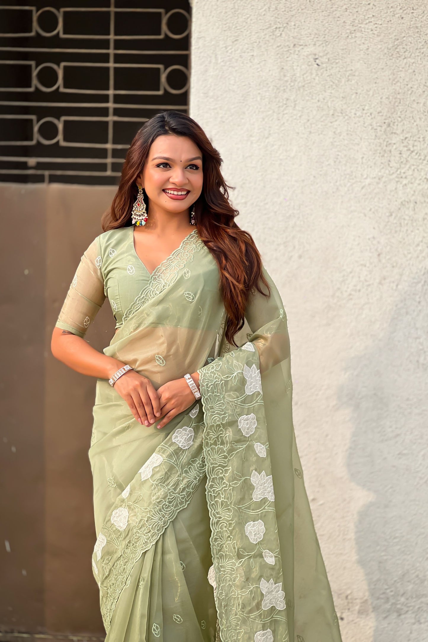 Olive Green Organza Saree Floral Embroidery Border Party Wear Saree